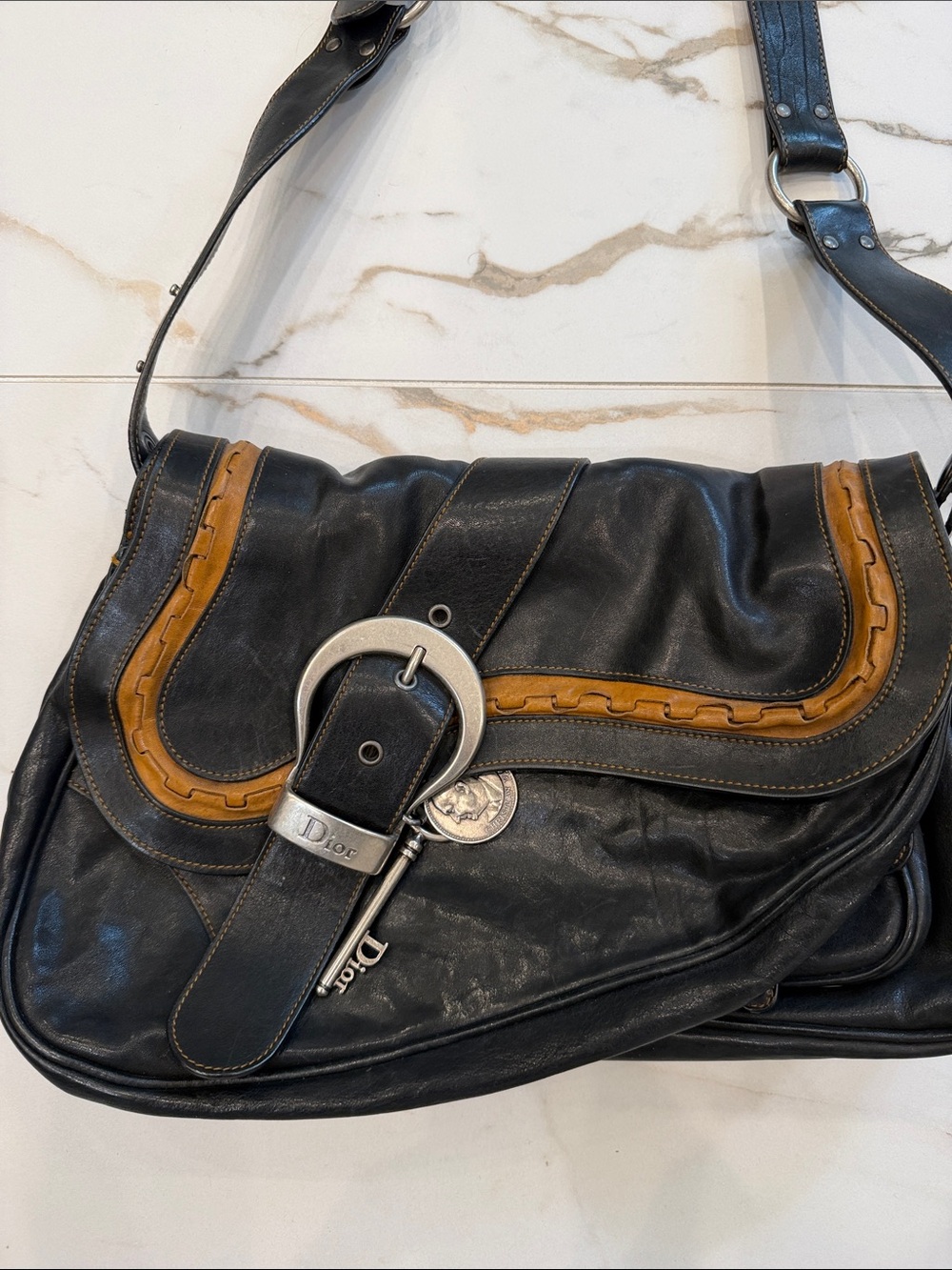 Dior Black Leather Shoulder Bag with Brown Trim - Picture 2 of 11